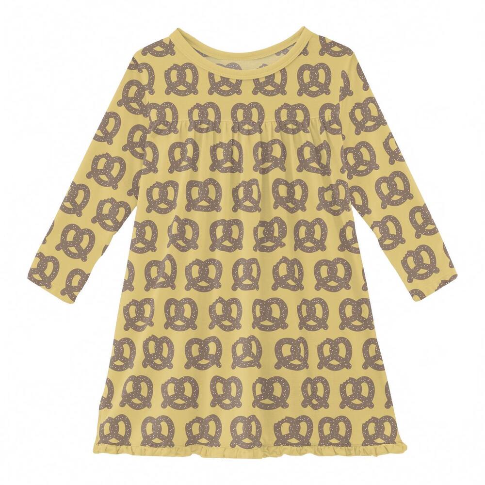 NEW KICKEE girl's long sleeve swing dress in flax giant pretzel